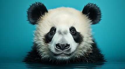Obraz premium Panda close-up. bamboo bear, Animal looking at the camera, turquoise background, space for text, banner for advertising. 