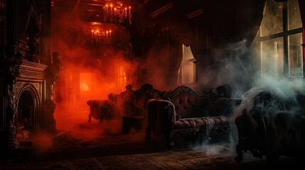 A Scary Interior Design of an Abandoned Medieval Castle Full of Colorful Toxic Smoke lighted by some Candles.