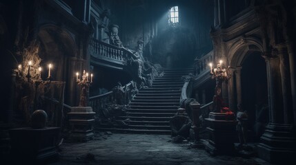 A Scary Interior Design of an Abandoned Medieval Castle lighted by some Candles.