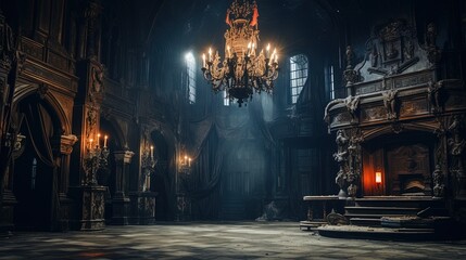 A Scary Interior Design of an Abandoned Medieval Castle lighted by some Candles. - Powered by Adobe