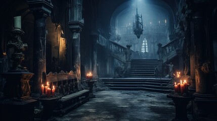 A Scary Interior Design of an Abandoned Medieval Castle lighted by some Candles.