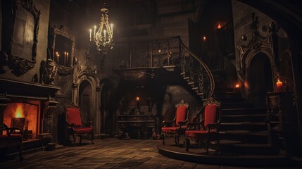 Obraz premium A Scary Interior Design of an Abandoned Medieval Castle lighted by some Candles.