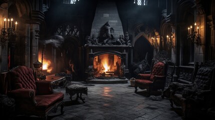 Obraz premium A Scary Interior Design of an Abandoned Medieval Castle lighted by some Candles.