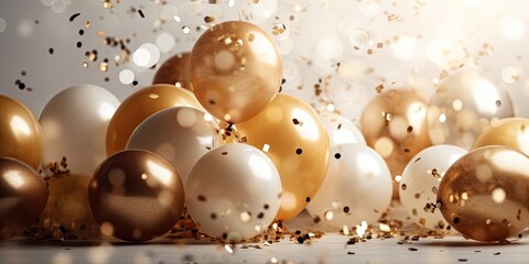 Celebration banner background with gold confetti and balloons,generative ai.