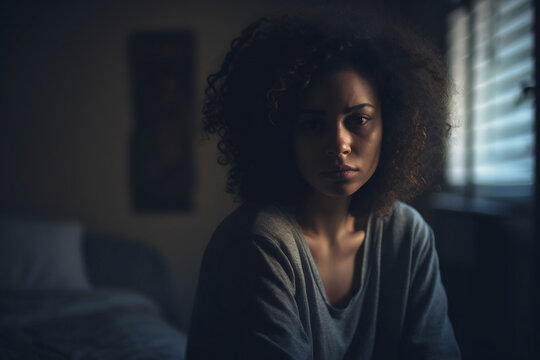 Black Woman With Depression Sitting In Bedroom Mental Health Disorder Awareness