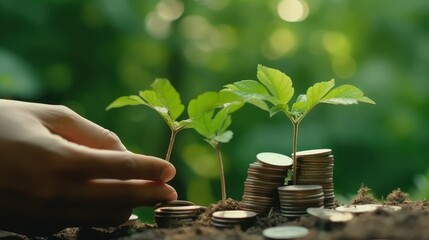 Human hand and young green sprouts growing on coin stacks over green blurred background. Business finance strategy, money earning and saving ideas, future investment concept. Copy space. 3D rendering.