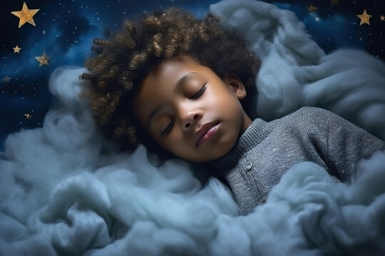 A little child slumbers serenely, cradled within soft clouds and encircled by the vastness of outer space. A little black child sleeps soundly, dreaming of the stars. Generative AI