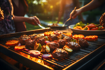 Delicious grilled meat with vegetables on barbecue grill with smoke and flames ai generated art