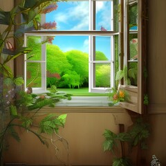 Nature View Window. Generative AI.  Happy Home #04
