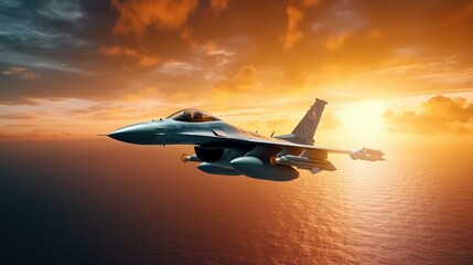 F-16 air force fighter flying over the ocean, beautiful sunset over horizon on the background. Jet military aircraft patrols territory, makes a training flight. Close up aerial view. 3D rendering.