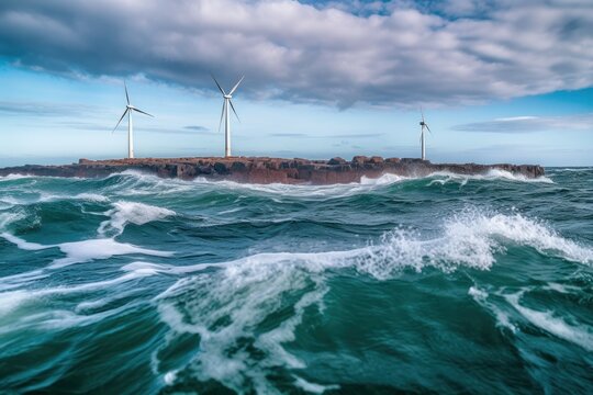 Offshore wind farms on on a deserted wild rocky island in the middle of a stormy northern sea. Beautiful gloomy seascape with wind generators. Sustainable green energy concept. 3D rendering.