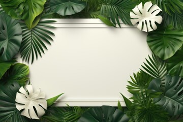 Fototapeta na wymiar Mockup frame, The richness of a wooden frame layout brought to life against the background of wallpaper patterned with tropical green leaves. Generative AI