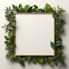 Mockup frame, An arrangement of a wooden frame with the fresh touch of a green creeper plant subtly winding along its edges. Generative AI