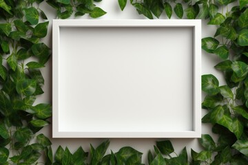Fototapeta na wymiar Mockup frame, An arrangement of a wooden frame with the fresh touch of a green creeper plant subtly winding along its edges. Generative AI