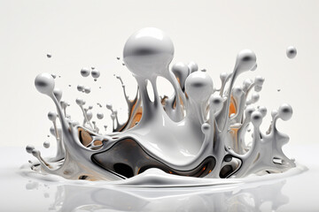 Surreal and abstract background concept. Splashing and spreading fluid metal on white background. Generative AI