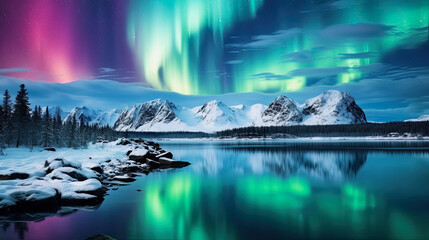 northern icy landscape by lake with aurora borealis in green and pink colors