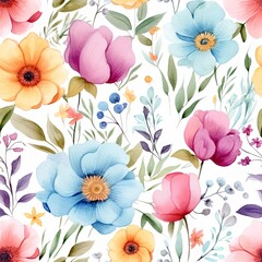 Fototapeta na wymiar a seamless tileable texture of colorful bouquet of handpainted watercolor flowers generative AI