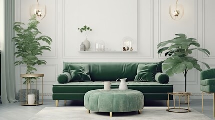 Front view of a modern luxury living room in white and green colors. White wall, green sofa with cushions, ottoman, armchair, houseplants. Elegant home decor. Mockup, 3D rendering.