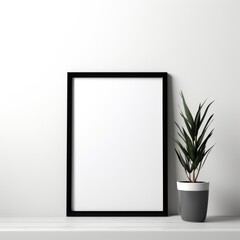 Mockup frame, Minimalistic White Table Accentuated by a Stylish Black Mockup Frame. Generative AI