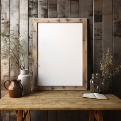 Mockup frame, Rustic Charm: Wooden Mockup Frame Resting Against a Distressed Barn Wall. Generative AI