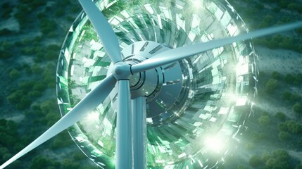 Graphic image of rotating wind generator on the background of Earth surface. Sustainable wind energy process. Virtual data technology. Green energy production. Mockup, illustration.