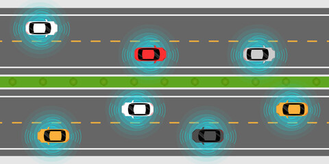 Smart Car with Remote Sensing and Sensor System. Driverless or Autonomous Car on the Road. Vector Illustration.  