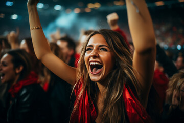 Women's football fans having fun cheering their favorite team Soccer sport entertainment concept made with AI generative technology