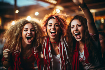 Women's football fans having fun cheering their favorite team Soccer sport entertainment concept made with AI generative technology