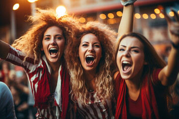 Women's football fans having fun cheering their favorite team Soccer sport entertainment concept made with AI generative technology