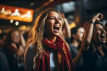 Women's football fans having fun cheering their favorite team Soccer sport entertainment concept made with AI generative technology
