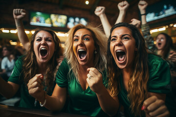 Women's football fans having fun cheering their favorite team Soccer sport entertainment concept made with AI generative technology