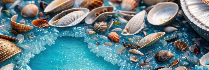 Ocean water and mollusk shells close up. Intricate seashells on seashore. Colorful summer vacation design elements. Various cockleshell for tropical cruise banner