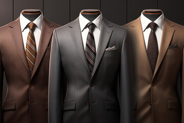Clothes and accessories concept. Various classic man suits background with copy space. Generative AI