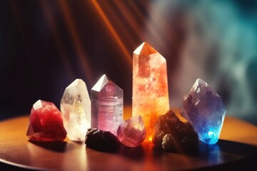 Healing reiki chakra chrystals therapy. Gemstones therapy for wellbeing, meditation, destress, relaxation, metaphysical, spiritual practices. - obrazy, fototapety, plakaty