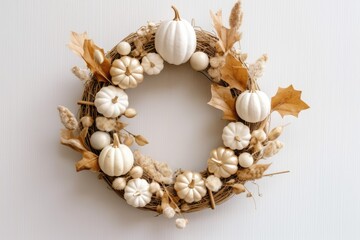Modern interrior decoration with dry flowers wreath and decorative pumpkins for autumn, thanksgiving, fall, halloween