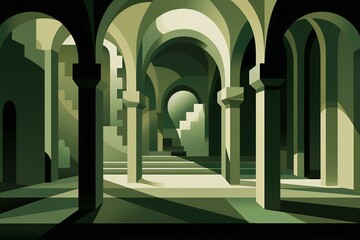 Interior in Medieval Palace, Geometric Shapes, in Green Colors,