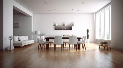 Interior of modern spacy minimalist white living room with dining area. Comfortable sofa, dining table with chairs, houseplants in pots, wooden floor. Mockup, 3D rendering.