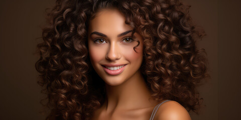 Beautiful woman with curly hair, brunette girl wigh pefect hairstyle on dark background