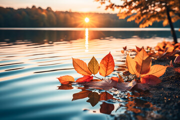 Beautiful colorful autumn leaves reflected in the waters of forest lake ai generated art - obrazy, fototapety, plakaty
