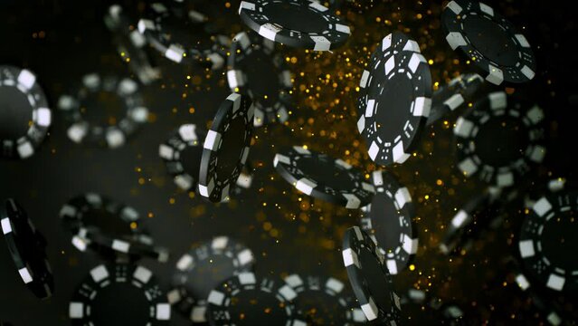 Super Slow Motion Shot of Casino Chips and Golden Particles Explosion Towards Camera at 1000fps.