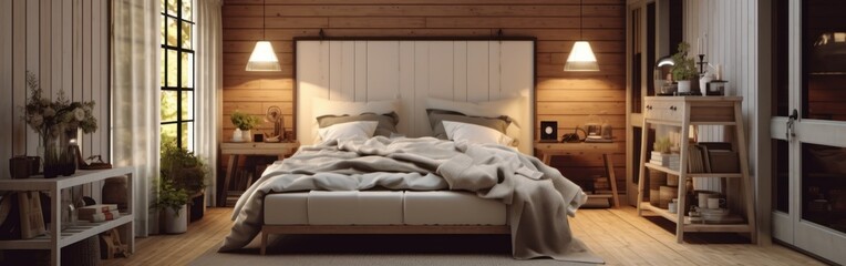 Panoramic image of a country style wooden bedroom in a luxury cottage or hotel. Comfortable large bed, bedside tables, commode, panoramic window. Home decor, cozy interior. 3D rendering.