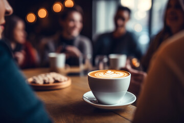 Lifestyle, friendship, food and drinks concept. Group of happy friends drinking coffee and talking with each other in cafe. Generative AI