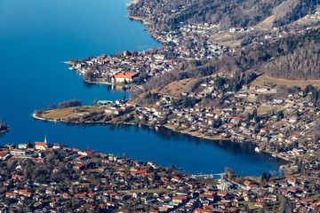 Scenic landscape view of a town around a lake