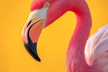 Pink flamingo in yellow background. Generative AI.
