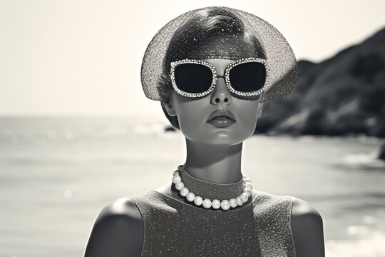 Fototapeta Beauty and style concept. Retro vintage beautiful woman portrait. Sunny day and beach in background. 60's style. Collage image style illustration, high contrast. Black and white image. Generative AI