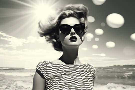 Beauty and style concept. Retro vintage beautiful woman portrait. Sunny day and beach in background. 60's style. Collage image style illustration, high contrast. Black and white image. Generative AI