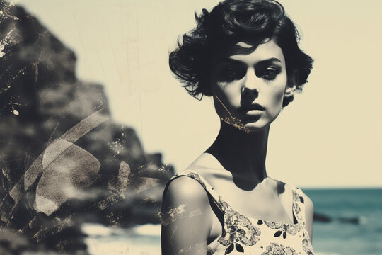 Beauty and style concept. Retro vintage beautiful woman portrait. Sunny day and beach in background. 60's style. Collage image style illustration, high contrast. Black and white image. Generative AI