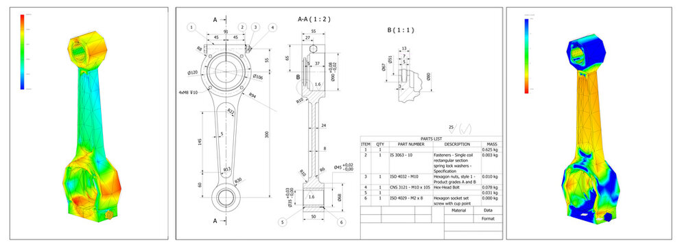 finite element method, FEM, analysis connecting rod crank for friction and forces in reciprocating motion converted in rotation