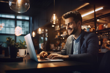 Lifestyle, occupation concept. Beautiful and happy young man working with computer in cozy place....
