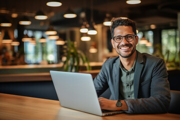 Lifestyle, occupation concept. Beautiful and happy young man working with computer in cozy place. Generative AI